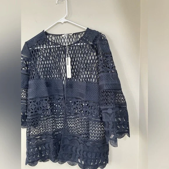 Chic Navy Lace Travelers Collection Crochet Jacket Career Events Classic Size 2